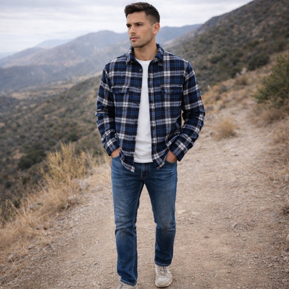 Orvis Mens Navy Blue Plaid Heavyweight Flannel Shacket Long Sleeve